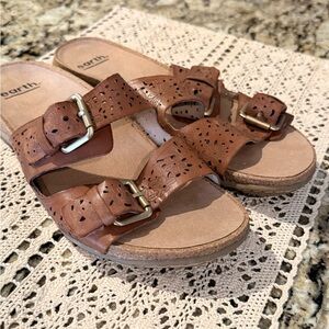 Earth Tan Perforated Leather Double-Buckle Slide Sandals